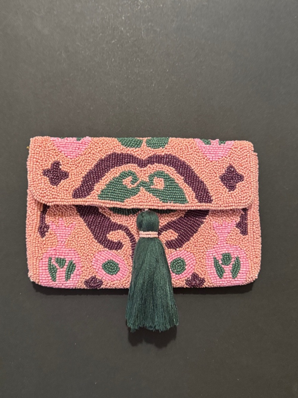Pink Beaded Clutch with Green Tassel